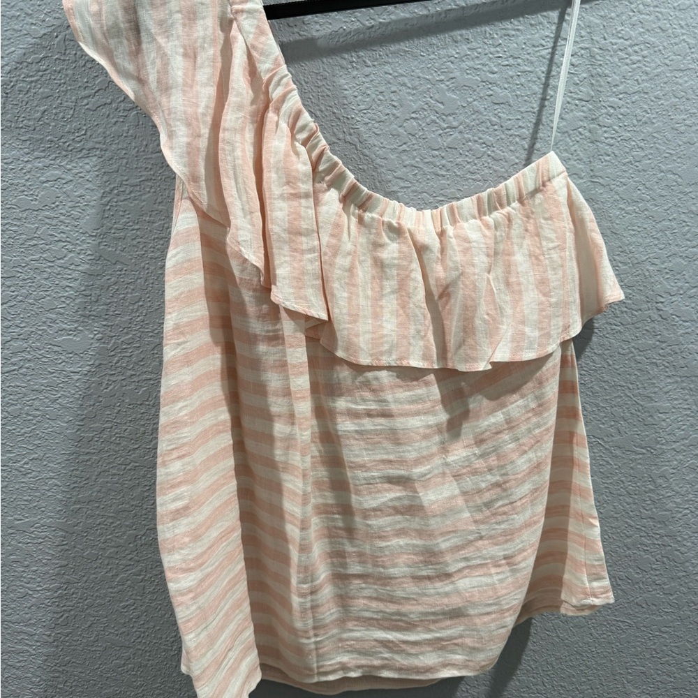 Striped Pink Ruffle One-Shoulder Top - Picture 1 of 3